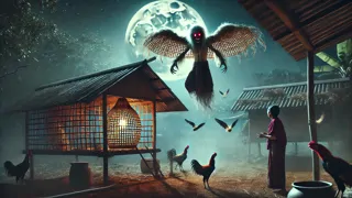 Krahang planeando sobre un gallinero mientras una viuda aterrorizada observa.