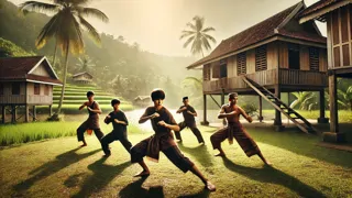 El joven Hang Tuah y sus amigos practican silat en una frondosa aldea malaya.