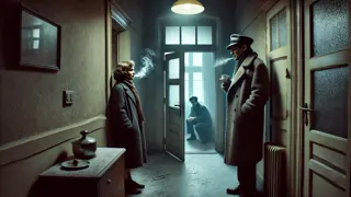 El arrendador discutiendo con Marta frente a la puerta empañada del apartamento, mientras Karl esconde a Dieter cerca.