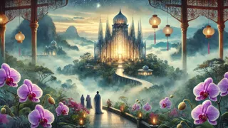 Himmlischer Palast auf dem Gipfel des Berges Ophir mit strahlender Prinzessin und mystischen Gärten