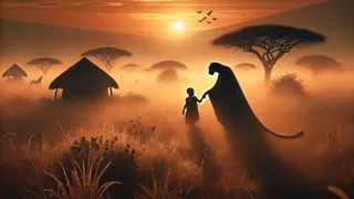 Al amanecer, la silueta difusa del Hombre Leopardo guía a un niño perdido de regreso al pueblo a través del césped cubierto de rocío.