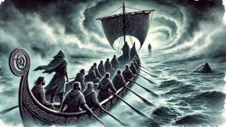 La currach de Mael Duin desaparece en una niebla plateada mientras tres compañeros adicionales saltan a bordo.