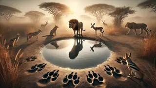 The lion stands out of breath on a termite mound as dust swirls around him