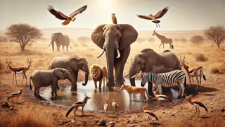 Animals gathered around a small waterhole helping each other under the midday sun