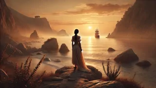 Ariadna sola en la orilla de Naxos al amanecer, con las olas bañándole los pies mientras contempla el mar.