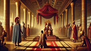 El rey Adebola sentado en su trono, observando al granjero en un majestuoso salón.
