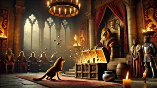 Reynard outwitting King Lion and slipping away from the throne room