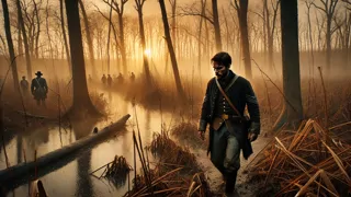 La orilla del río cubierta de luz de luna, mientras el fugitivo se quita su ropa confederada para revelar un uniforme de la Unión.