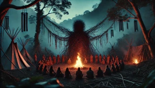 Antiguos aldeanos ofreciendo guirnaldas de hojas a un espíritu del viento en la selva tropical.