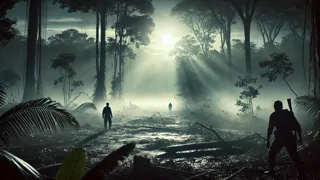 Tiros de cazadores en silueta enfrentándose en un claro iluminado por la luna