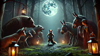 Various animals accusing Reynard in a shadowy forest clearing