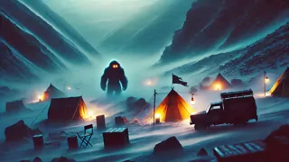 Una imponente silueta de yeti emerge de una agitada tormenta de nieve ante un campamento de expedición atónito.