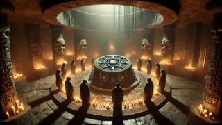 Figuras enmascaradas realizando un antiguo ritual azteca alrededor del núcleo del motor en una cámara oculta.