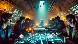 Um círculo clandestino de rebeldes compartilhando fragmentos roubados de matemática à luz de uma lâmpada improvisada.