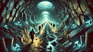 Exploradores que navegan por estrechos túneles de basalto iluminados por linternas y hongos bioluminiscentes