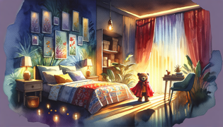 Un oso de peluche vestido como un monstruo señuelo se encuentra debajo de una cama en una habitación con luz suave.