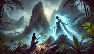 La Bruja de Viñales, fantasmal y resplandeciente, se enfrenta a una joven arrodillada que devuelve un artefacto sagrado.