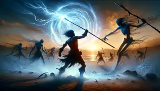 Ekaru clava su lanza en el suelo al amanecer, generando una onda de choque sobrenatural que disuelve al Bailarín Nocturno y a las figuras espectrales.