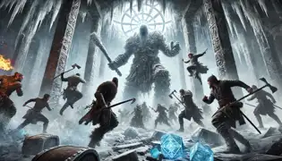 Elías, lleno de poder, lucha contra mercenarios dentro del derrumbándose Castillo de Hielo, mientras Jörmundr pelea con puños cubiertos de hielo en medio de explosiones.