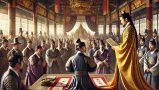 Hong Gildong presenta ante el rey las pruebas de la traición del Ministro Kim, quien se queda paralizado de miedo.