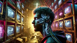 Un hacker navegando por cortafuegos virtuales brillantes en una cuadrícula digital.