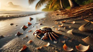 An empty cracked shell lies on the wet sand beside broken shell fragments