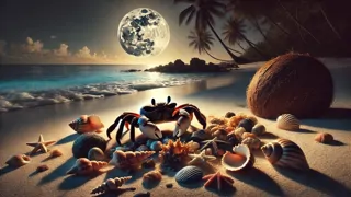 Coconut crab grasping a pearly shell under moonlight on the beach