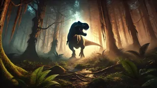 Silhouette de un Tyrannosaurus rex acechando, emergiendo a través de la niebla matutina en un bosque primitivo