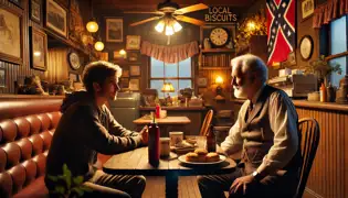 A cozy diner scene with a local historian and a traveler talking over coffee
