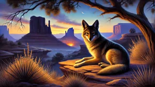 Coyote agazapado en un acantilado de arenisca bajo un cielo crepuscular, planeando el robo del fuego.