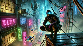 Vista desde la azotea de las torres de Neo-Edo, con andamios y la silueta de un shinobi en soledad