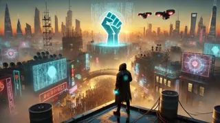 Un hacker solitario de pie en la cima de una torre en ruinas al amanecer, contemplando un paisaje urbano neon liberado mientras drones sobrevuelan cerca.