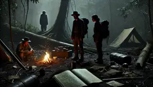 Un campamento destrozado en lo profundo de la selva ecuatoriana, con suministros esparcidos y un enigmático anciano Cañari que observa desde las sombras.