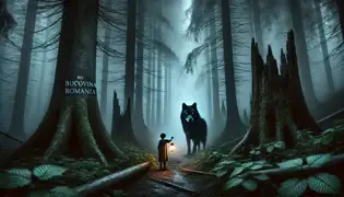 Un lobo negro con ojos ámbar resplandecientes se erige en un sendero brumoso del bosque en Bucovina, mientras Andrei avanza con cautela, iluminando el camino con una linterna.