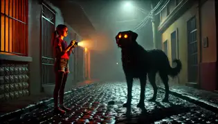 Rosa se encuentra con el Perro Negro en una calle de adoquines iluminada por luces parpadeantes en Asunción.
