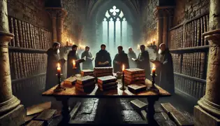 Los eruditos medievales examinan antiguos manuscritos a la luz de las velas en una oscura cámara del Castillo de Houska.