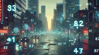 Dígitos holográficos titilantes dispersos por un paisaje urbano en ruinas al atardecer