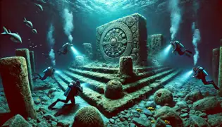 Una plaza ceremonial submarina con un gran altar, tallas celestiales y buceadores explorando las ruinas en el lago Issyk-Kul.