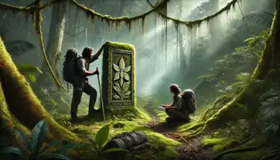 Una densa jungla costarricense donde un botánico está dibujando un marcador de piedra mientras un guía abre el camino con un machete.