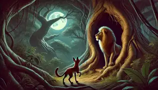 Un gran león asoma su cabeza en un tronco hueco de un árbol en una jungla iluminada por la luna, mientras un astuto chacal hace un gesto hacia él, preparando una trampa ingeniosa.