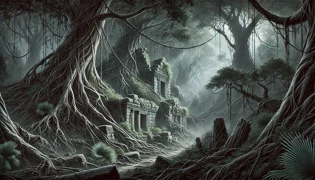 Ruinas de piedra cubiertas de vegetación y medio enterradas por el follaje de la selva.