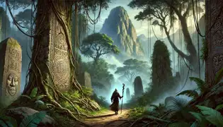 Kalala camina por un sendero denso de la jungla hacia la Montaña de los Ecos, rodeada de neblina, antiguas tallas y árboles imponentes.