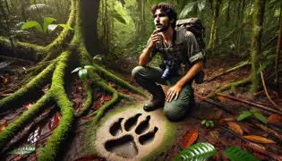 Diego Vargas se arrodilla junto a una enorme huella de jaguar en el suelo húmedo del Parque Nacional Corcovado, mientras examina la densa vegetación.