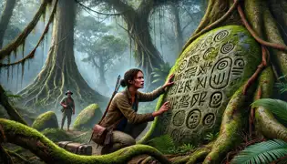Elise Laurent examina una antigua piedra con inscripciones misteriosas mientras su equipo explora con cautela la densa jungla de Dominica.