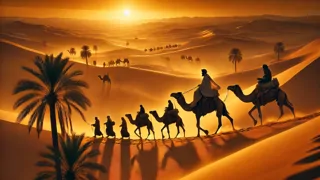 Ma’ruf cabalga un camello a través de las arenas doradas de Egipto al amanecer, acompañado por sus amigos que lo guían.