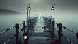 Un muelle cubierto de niebla, con faroles rotos y la bruma avanzando desde el Atlántico.