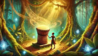 Ebele extendiendo su mano hacia el Tambor Mágico en un bosque resplandeciente, rodeada de espíritus ancestrales y luz dorada.