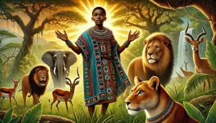 Joven Chaminuka en vestimenta tradicional shona, de pie junto a animales salvajes en una sabana dorada, irradia calma y poder.