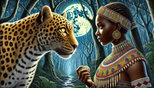 Liyana se enfrenta a un leopardo en un bosque bañado por la luz de la luna, sosteniendo un amuleto mientras los ojos dorados del leopardo se encuentran con los suyos.