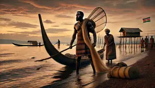 Juma, un pescador decidido, se encuentra en la orilla del Lago Victoria al amanecer, preparando su bote mientras su esposa Achieng’, llena de preocupación, lo observa.